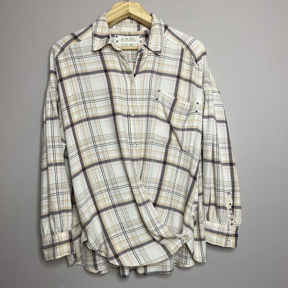 Free People We The Free Hidden Valley Button Up Shirt Beige Plaid Size L Women's - Picture 2 of 15